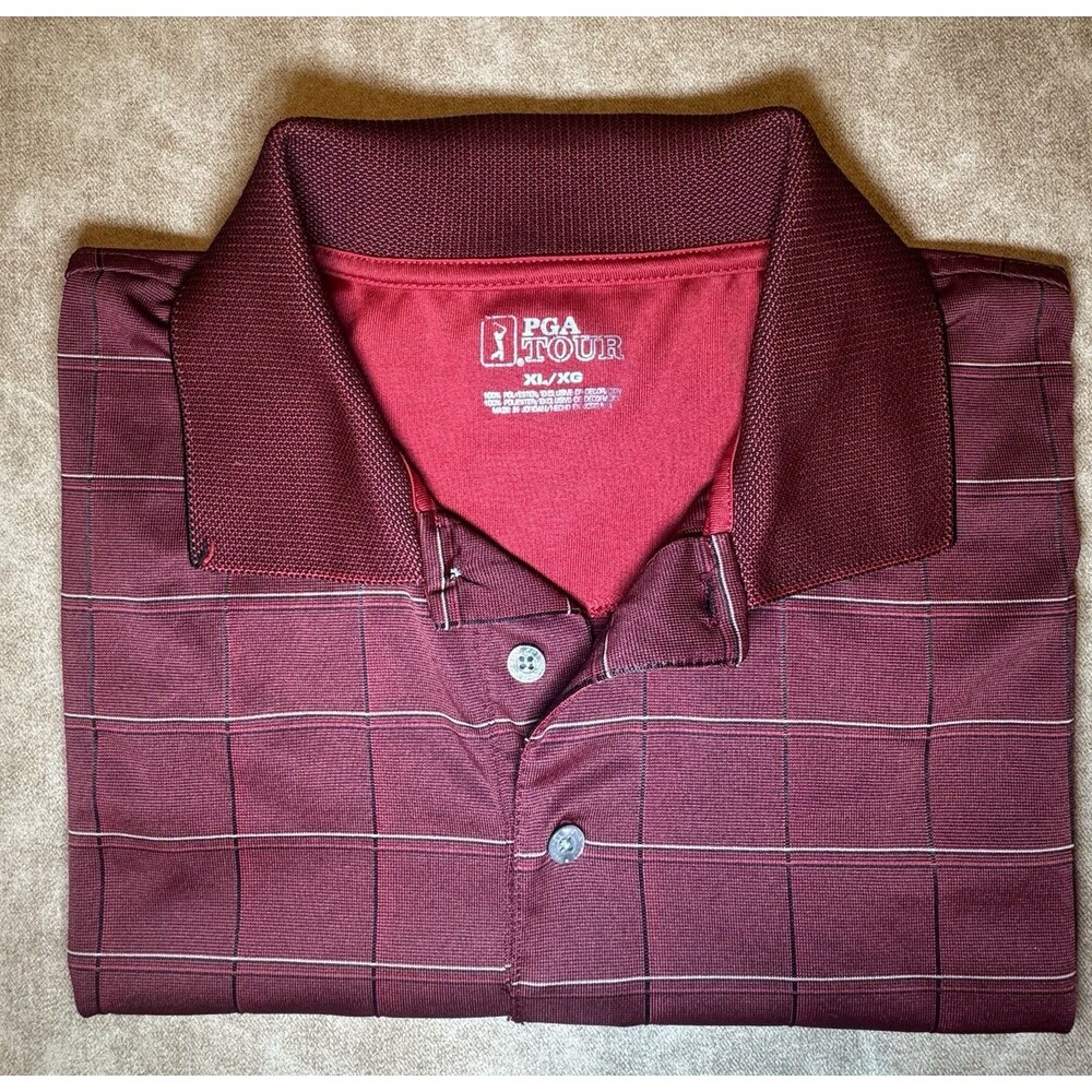 PGA Tour Polo Shirt Mens XL Burgundy Grid Check Performance Golfing Short Sleeve